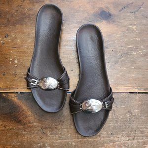 PRADA BROWN SILVER LOGO SLIDE LEATHER SANDALS 39 -1/2